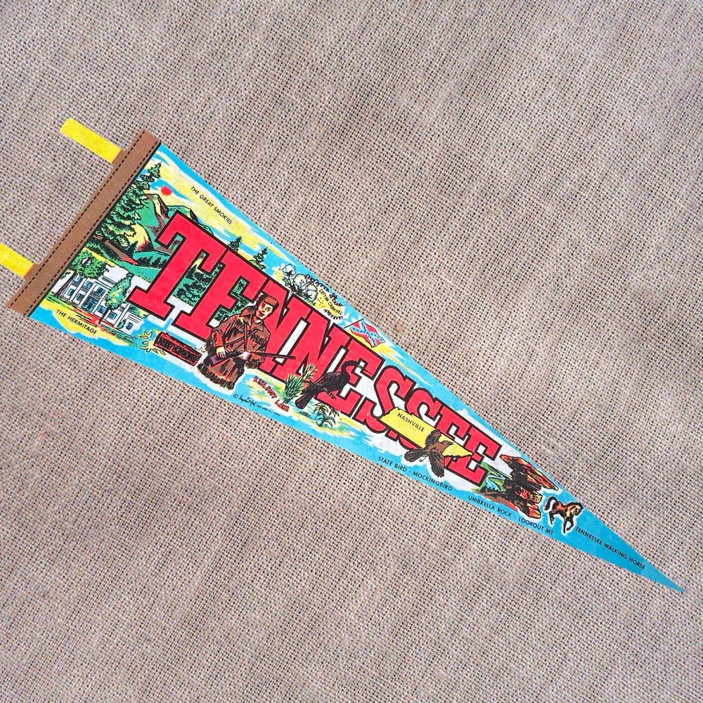 Imprint Art Tennessee Souvenir Pennant Vintage 1975 Blue Red Davy Crockett 26in